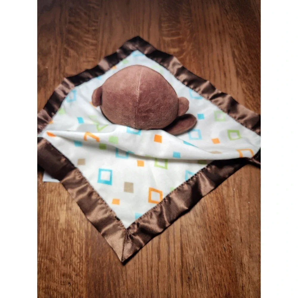 Garanimals Monkey Diamond Print Baby Blanket Cream Brown Orange Aqua Satin Lovey